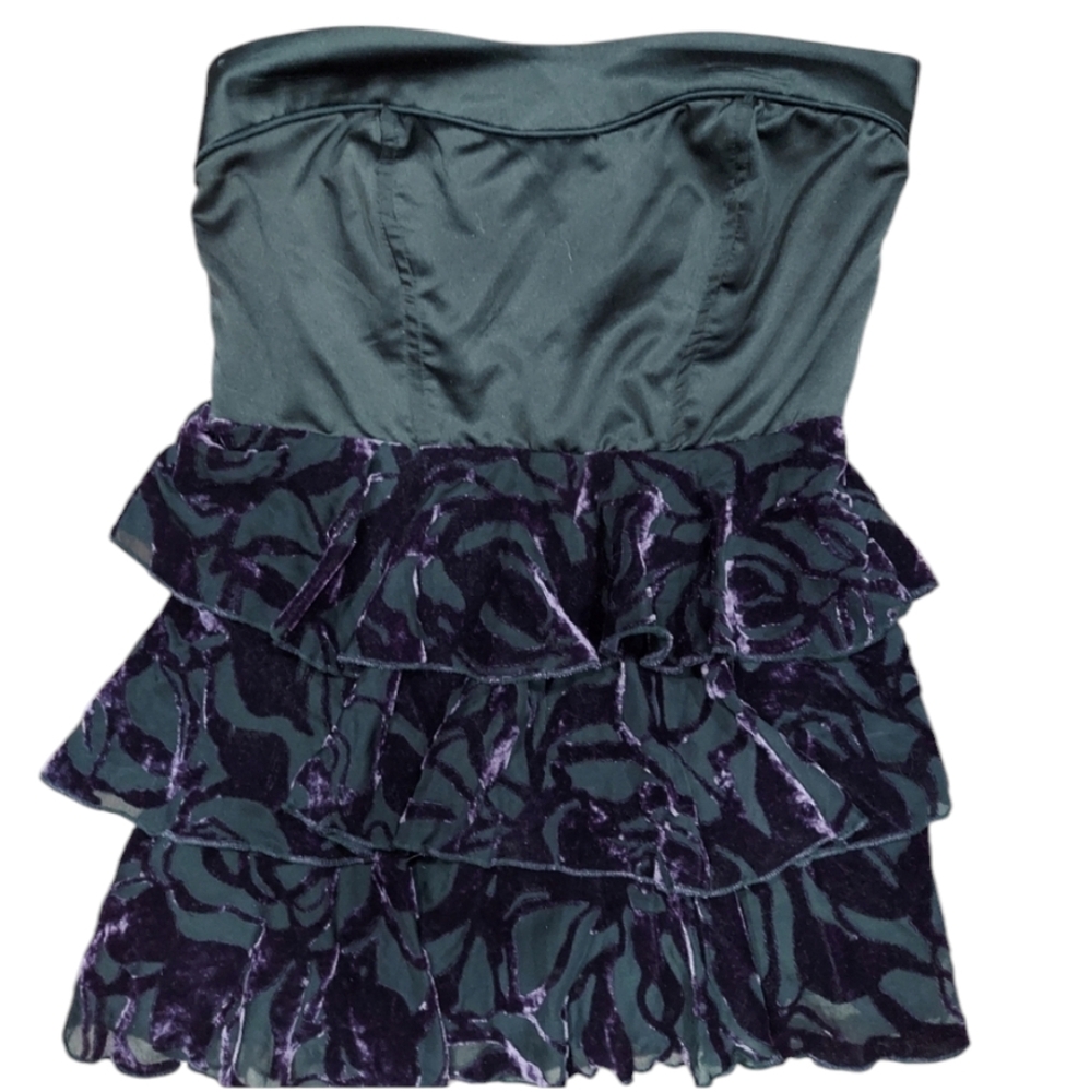 Y2K studio y Black satin strapless top with burnout purple velvet ruffle Size S